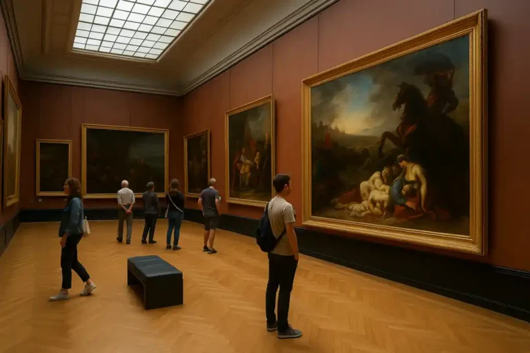 Salle du Louvre avec des visiteurs observant Les Scènes des Massacres de Scio de Delacroix.