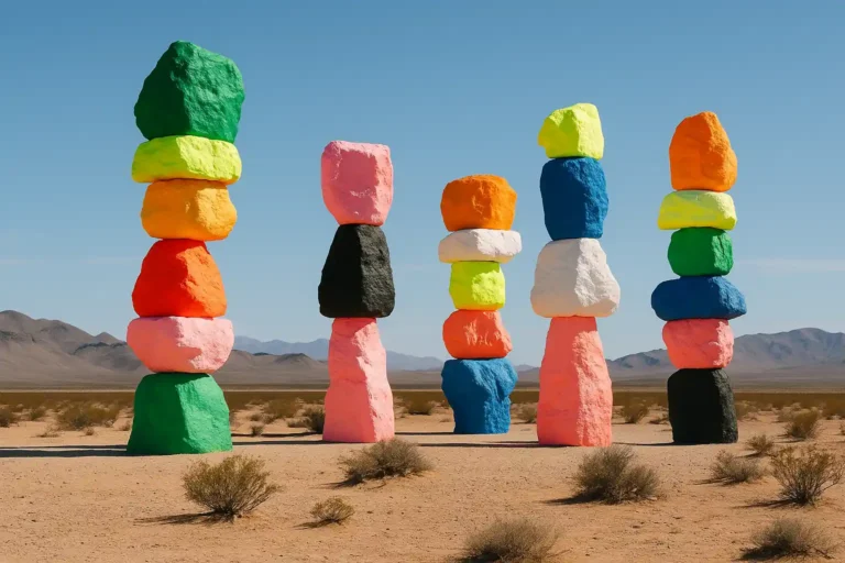 Installation Seven Magic Mountains d’Ugo Rondinone dans le désert du Nevada, sept totems de rochers fluorescents se détachant sur fond de ciel bleu.