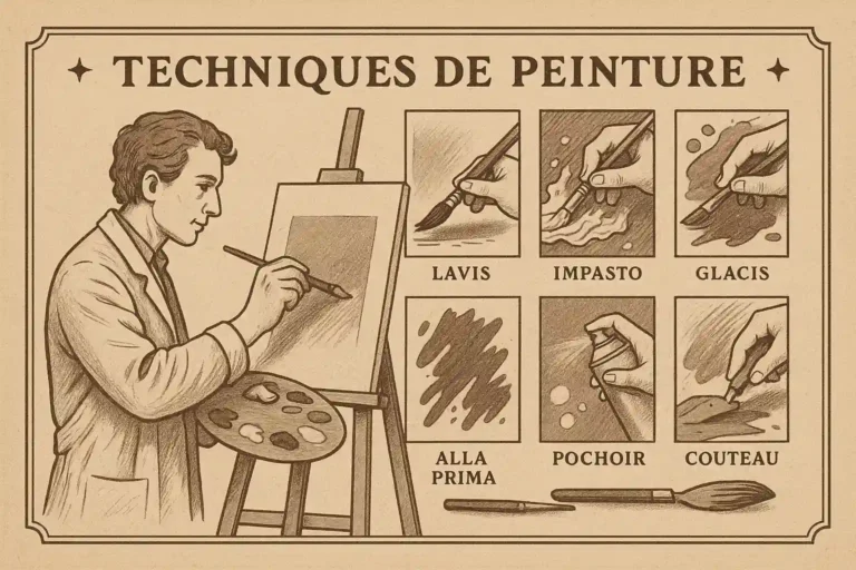 Illustration vintage des principales techniques de peinture lavis, glacis, impasto, alla prima, pochoir et couteau