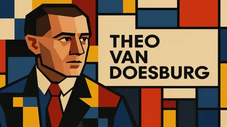Portrait horizontal de Theo van Doesburg en style De Stijl, avec formes géométriques et couleurs primaires emblématiques du mouvement
