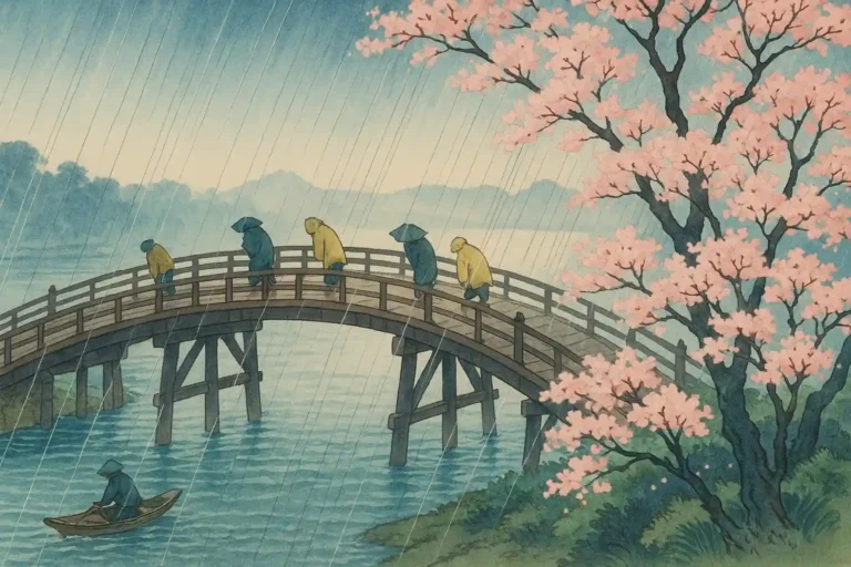 Estampe japonaise style Hiroshige montrant un pont sous la pluie et des cerisiers en fleurs