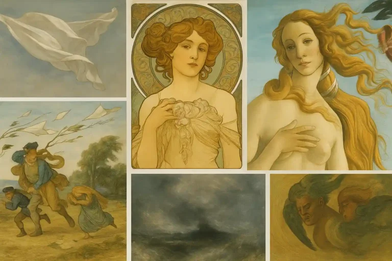 représentation artistique du vent à travers drapés flottants, arbres penchés, cheveux soulevés et silhouettes emportées par la bourrasque.