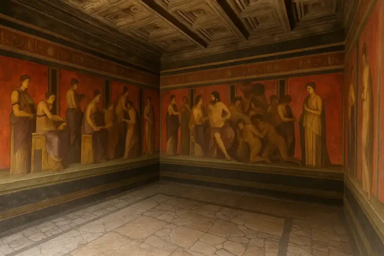 Fresques dionysiaques de la Villa des Mystères à Pompéi, salle 5 avec scènes rituelles antiques.