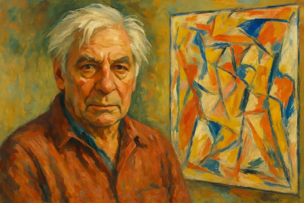 Portrait de Willem de Kooning devant une toile expressionniste abstraite aux couleurs vives