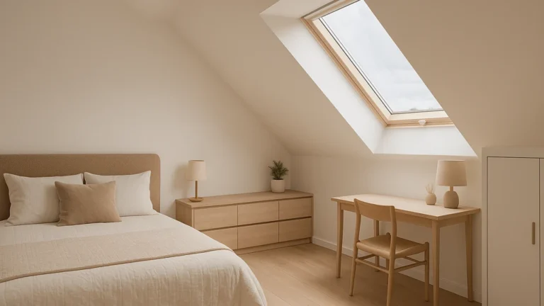 Chambre mansardée lumineuse : lit sous rampant, bureau près du VELUX, rangements bas intégrés — illustration des règles d’aménagement sous pente (zones haute/moyenne/basse).