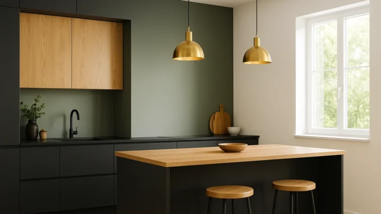 Cuisine moderne noir & bois, murs lin avec accent vert sauge, illustrant la règle 60/30/10 et un LRV élevé pour maximiser la luminosité, éclairage LED chaud
