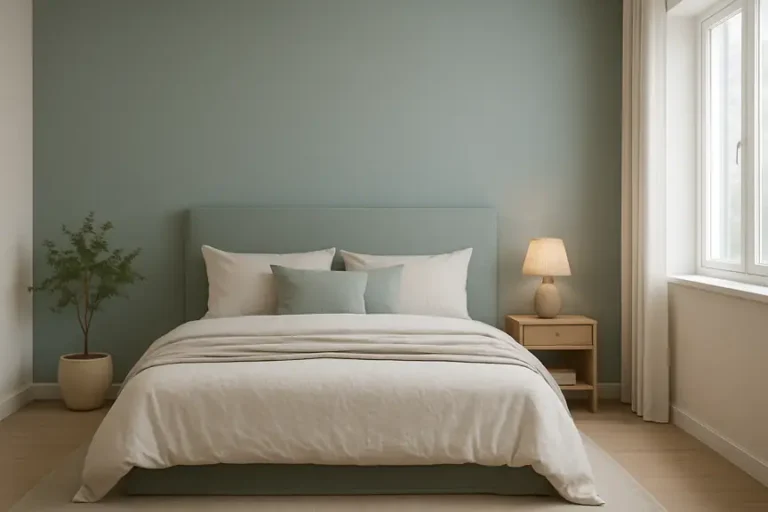 Chambre apaisante : mur tête de lit vert sauge, murs clairs, textiles lin, lumière douce pour favoriser le sommeil.
