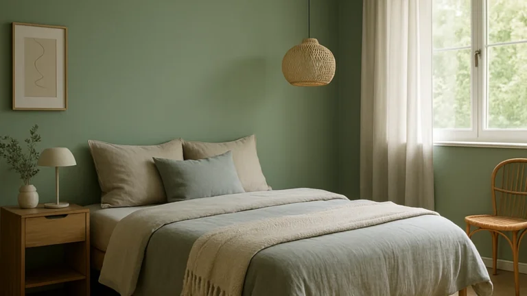Chambre adulte apaisante : murs vert sauge, linge de lit lin beige, mobilier bois clair, lumière naturelle — exemple de couleur peinture chambre adaptée au repos (LRV équilibré, orientation neutre).