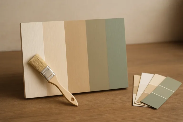 Planche de bois peinte en bandes blanc cassé, lin, grège et vert sauge, avec pinceau et nuancier sur établi.