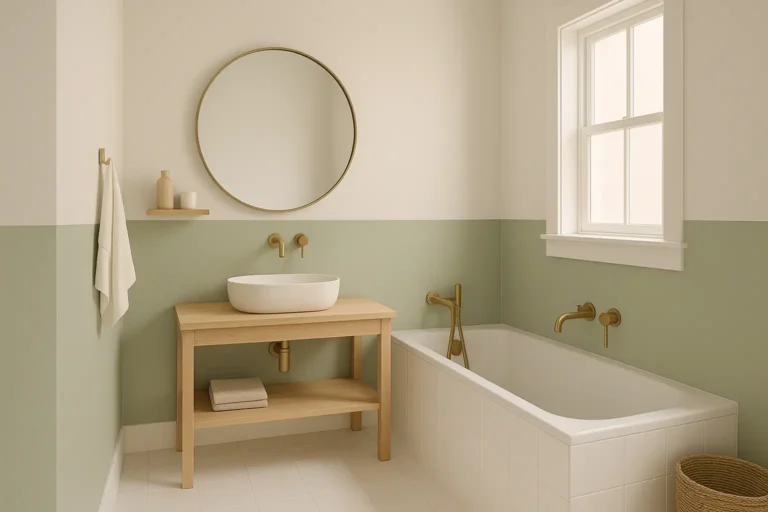 Salle de bain lumineuse : murs blanc cassé et bicolore vert sauge, robinetterie laiton, ambiance zen.
