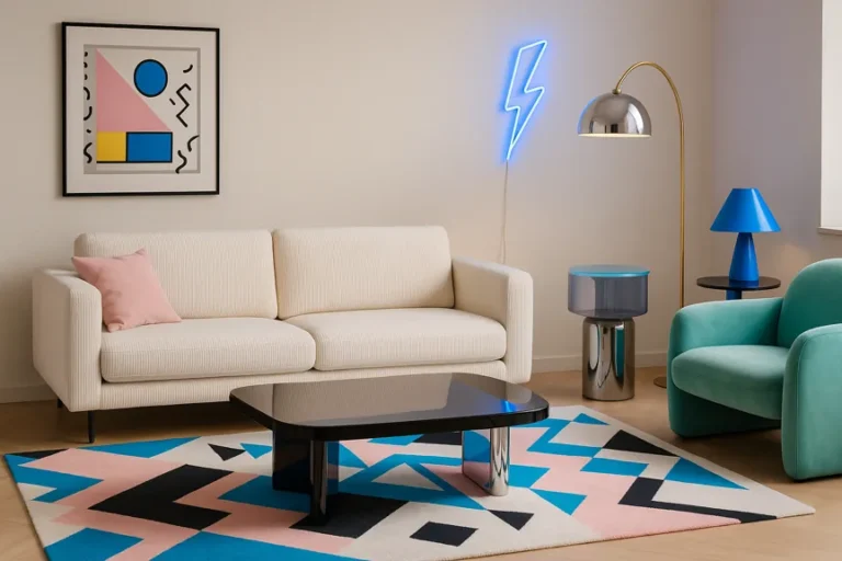 Salon contemporain esprit années 80 : tapis géométrique pastel, table basse laquée, chrome et néon bleu discret.