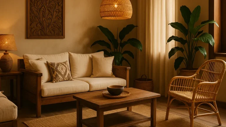 Déco Bali : salon lumineux en teck, rotin et bambou, textiles en lin écru, plantes tropicales et lumière chaude