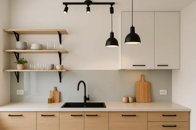 Cuisine lumineuse : crédence verre clair, étagères ouvertes bois clair, poignées noires, suspensions noires et rail de spots.