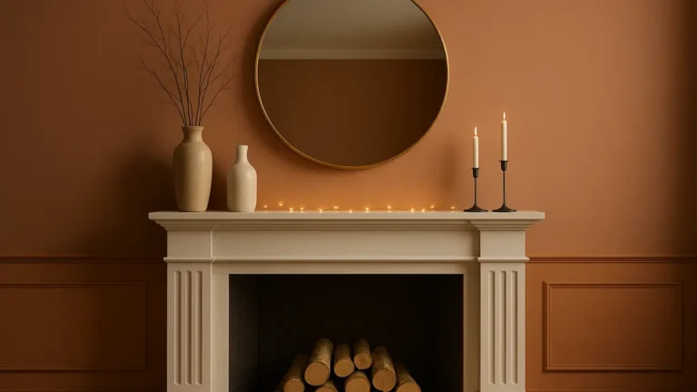 Décoration de cheminée : miroir XXL au-dessus du manteau, vases en céramique, bougeoirs et bûches décoratives — idées pour le manteau, l’intérieur du foyer et la hotte.