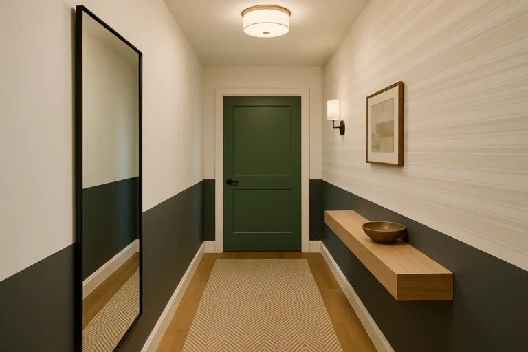 Décoration du couloir moderne et lumineux avec miroir mural, éclairage doux et tons neutres.