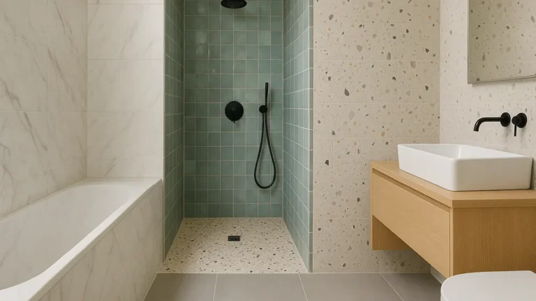 Salle de bain moderne : carrelage mural marbre et terrazzo, douche en Zellige vert, receveur en mosaïque antidérapante, sol gris 60×60 — idées par zone et par style.