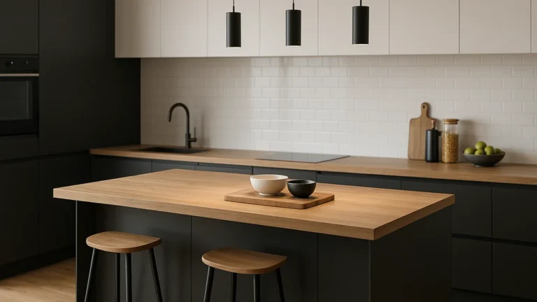 Idée cuisine avec îlot : exemple réaliste d’îlot central bois & noir, dégagements 90 cm, style moderne épuré.