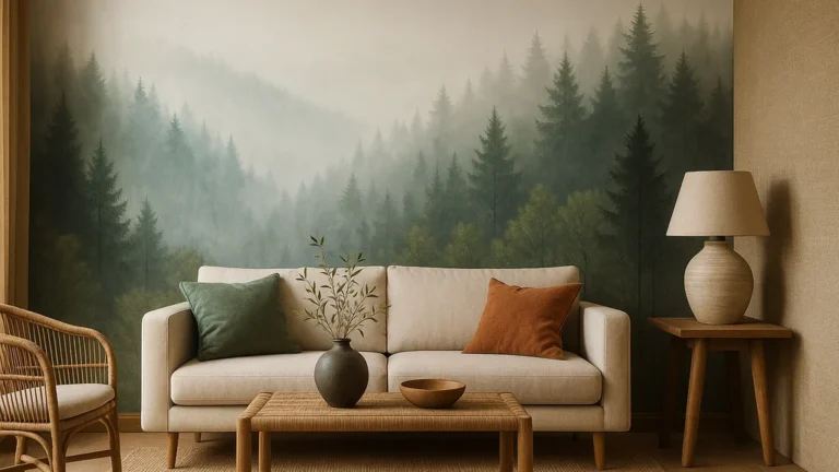 Salon contemporain avec papier peint panoramique forêt brumeuse, matières naturelles (rotin, lin) et palette terre/verts sourds — tendances papier peint