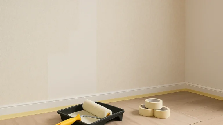 Mur avec papier peint beige partiellement recouvert de peinture claire, bac et rouleau, ruban de masquage au sol — illustration des conditions pour peindre sur papier peint