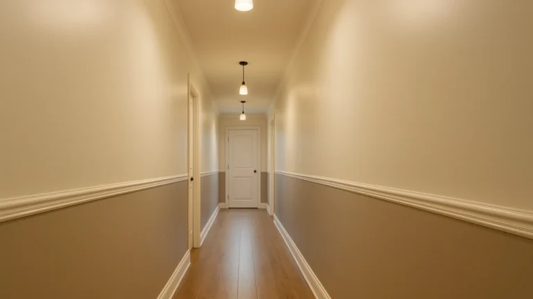 Peindre un couloir : bicolore avec soubassement taupe, murs sable LRV 70+, plafond blanc cassé LRV 85, finition satin et éclairage 2700K.