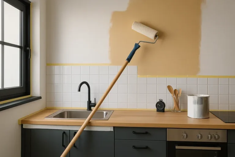 Mur de cuisine en cours de peinture au rouleau, crédence carrelée blanche, robinetterie noire, plan de travail bois.