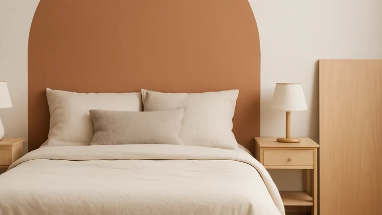 Chambre apaisante avec tête de lit peinte en arche terracotta sur mur beige, linge de lit en lin et meubles en bois clair — illustre le choix mur vs panneau bois.