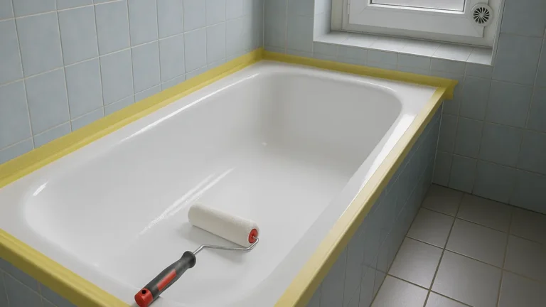 Peinture pour baignoire : application d’une résine époxy au rouleau, rebords protégés au ruban de masquage, finition brillante sur émail.