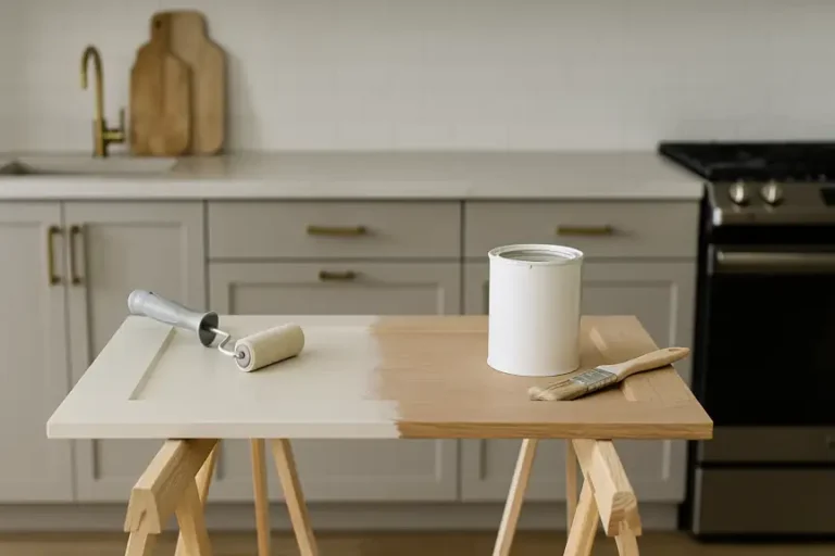 Porte de meuble de cuisine en cours de peinture : demi-teinte blanc cassé au rouleau sur tréteaux, cuisine moderne en arrière-plan.