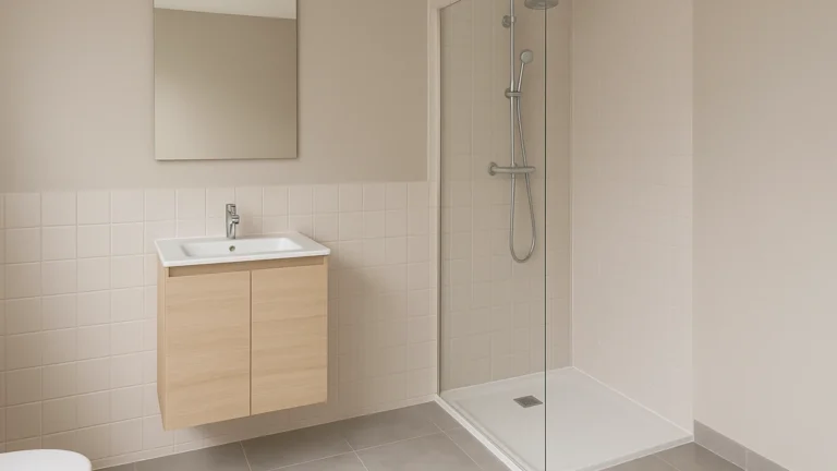 alle de bain moderne avec carrelage repeint ton beige chaud, douche à l’italienne vitrée et sol gris, illustrant les options de peinture pour carrelage mural, sol et zone douche.