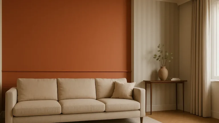 Peinture au salon : mur d’accent terracotta derrière le canapé, soubassement à 110 cm et bandes verticales ton-sur-ton sur le pan voisin, harmonie grège chaleureuse.