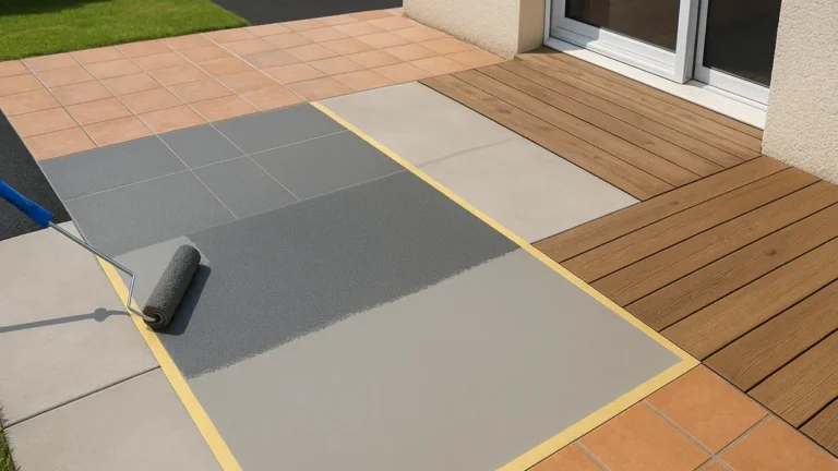Peinture pour sol extérieur : application au rouleau sur dalle béton avec ruban de masquage, à côté d’un carrelage, d’un platelage bois et d’un enrobé — illustration des supports et de l’antidérapant.
