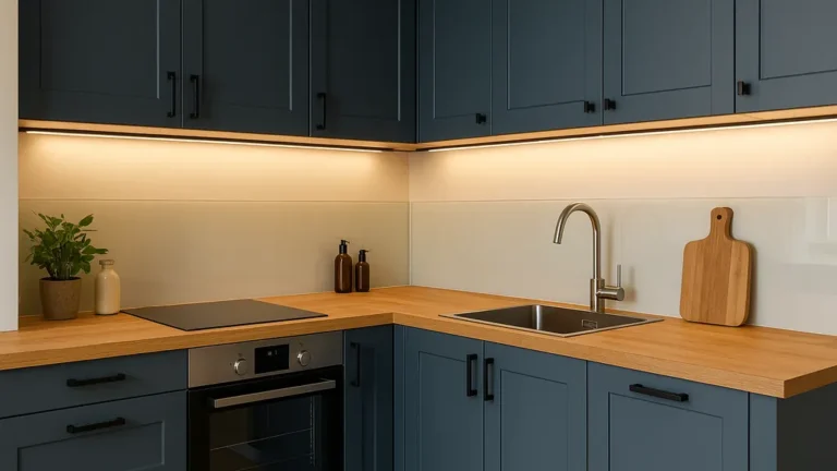 Transformer une cuisine sans la remplacer : façades peintes satinées, poignées noires mates, crédence en verre, plan de travail bois et LEDs sous meubles hauts