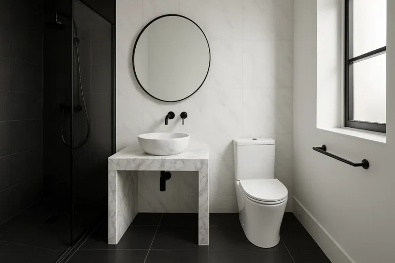 Salle de bain noir et blanc : sol noir, murs blancs effet marbre, robinetterie noire mate, lumière naturelle douce.