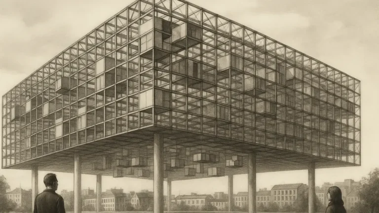 Yona Friedman architecture – visualisation de la Ville spatiale : méga-structure en grille surélevée, modules habitables mobiles au-dessus du tissu urbain existant.