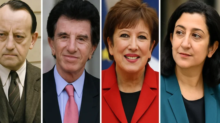 Anciens ministres de la Culture française — portraits de André Malraux, Jack Lang, Roselyne Bachelot et Rima Abdul-Malak, alignés horizontalement, symbolisant la continuité du ministère depuis 1959