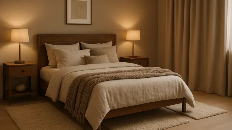 Chambre parentale cocooning en tons greige et taupe : tête de lit en bois, linge en lin lavé, plaid en laine, deux tapis moelleux et éclairage 2700–3000 K sur lampes de chevet.