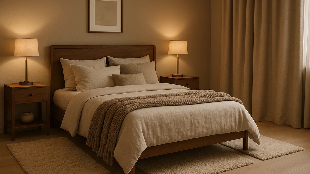 Chambre parentale cocooning en tons greige et taupe : tête de lit en bois, linge en lin lavé, plaid en laine, deux tapis moelleux et éclairage 2700–3000 K sur lampes de chevet.