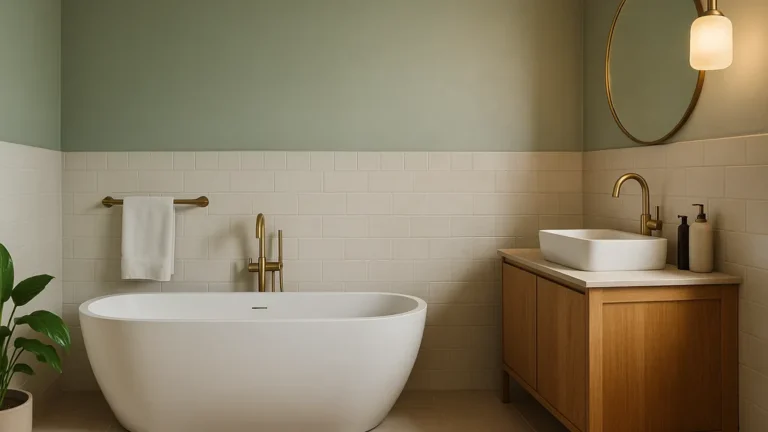 Salle de bain chic ambiance spa : murs sauge et greige en finition satinée, meuble vasque en bois clair avec robinetterie laiton, carrelage blanc brillant