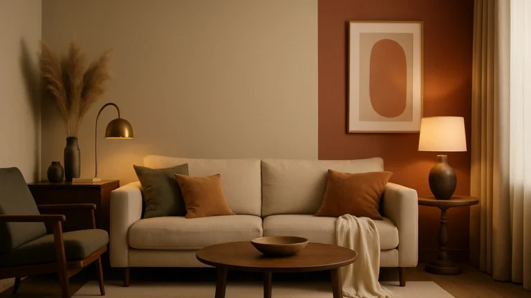 Salon orienté nord/sud harmonisé : murs beige sable et greige (règle 60-30-10), mur d’accent terracotta, éclairage blanc chaud 2700-3000 K, finitions mates/velours pour ambiance cosy.