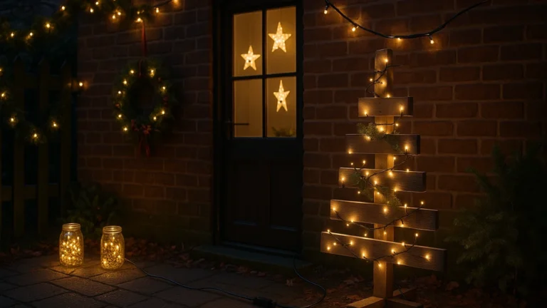 Décoration de Noël extérieur DIY : couronne végétale, lanternes bocaux LED et sapin en palettes éclairé, guirlandes IP44-IP65 à faible consommation sur façade en brique, ambiance chaleureuse et sécurisée.
