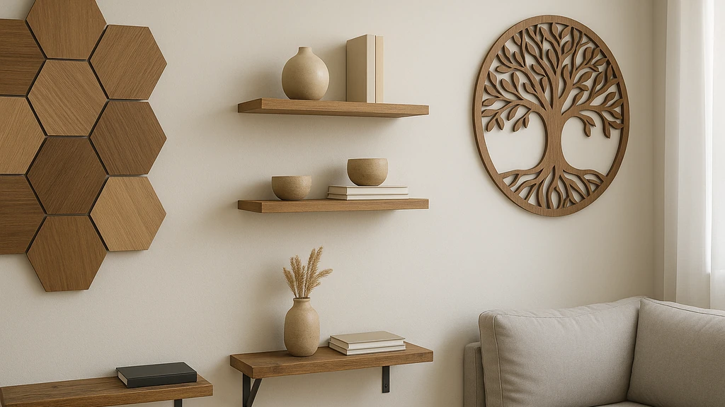 Décoration murale en bois dans un salon moderne : panneaux hexagonaux, étagères flottantes et arbre de vie ajouré, ambiance scandinave-bohème, tons chêne sur mur clair.