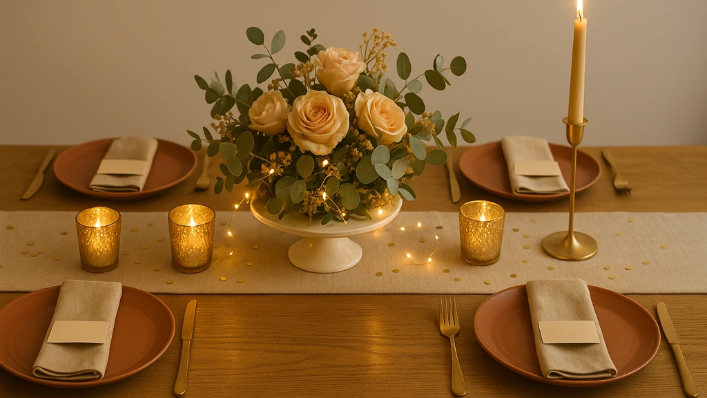 Décoration de table pour anniversaire en palette 60-30-10 : centre de table principal (bouquet et bougies LED) + deux éléments secondaires, chemin de table en lin, vaisselle coordonnée et hauteurs variées
