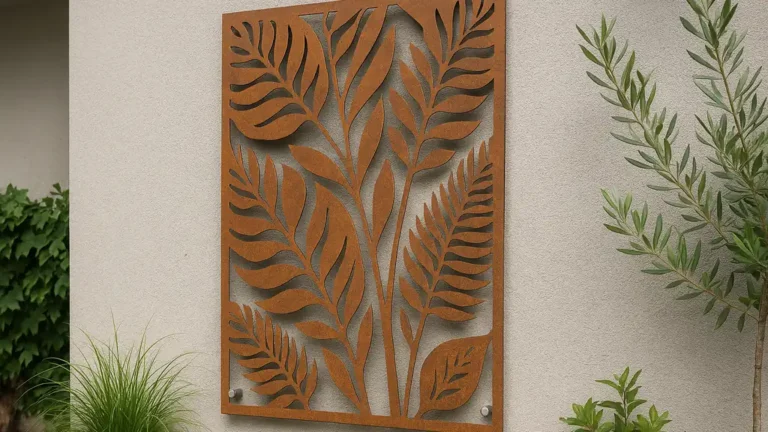 Panneau décoratif en acier corten découpé au laser, fixé sur mur enduit avec entretoises ventilées, végétation autour