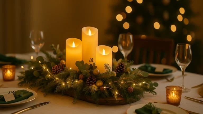 Décoration de table de Noël 60-30-10 avec centre de table principal de bougies LED, deux photophores secondaires, verdure sapin/eucalyptus et guirlande micro-LED blanc chaud