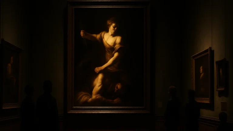 Artemisia Gentileschi – salle de musée sombre, grand tableau baroque en clair-obscur évoquant Judith et Holopherne, visiteurs face à l’œuvre (rétrospective Paris 2025, Jacquemart-André).