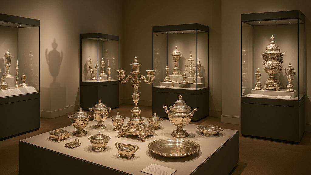 Christofle – salle d’exposition au Musée des Arts décoratifs : vitrines de pièces d’orfèvrerie argentées (candelabres, surtouts, plats, vases), éclairage chaud, parcours patrimonial 1830–2025.