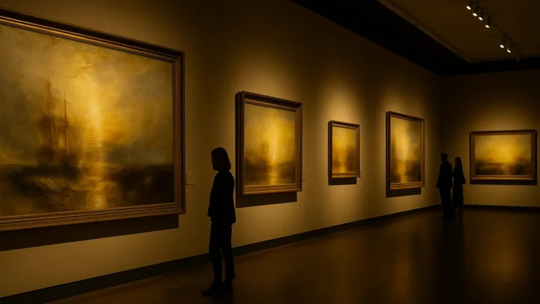 Galerie du Grimaldi Forum Monaco avec grands paysages lumineux façon Turner, ambiance muséale et éclairage doré — clin d’œil à l’exposition Turner, le sublime héritage (été 2024).
