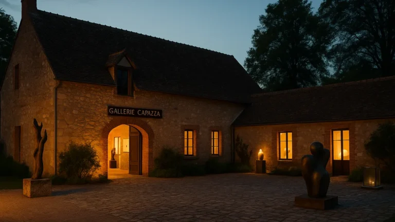 Galerie Capazza (Nançay, Sologne) — bâtiment XVIIe au crépuscule, cour pavée avec sculptures contemporaines, fenêtres éclairées, ambiance patrimoniale et artistique.