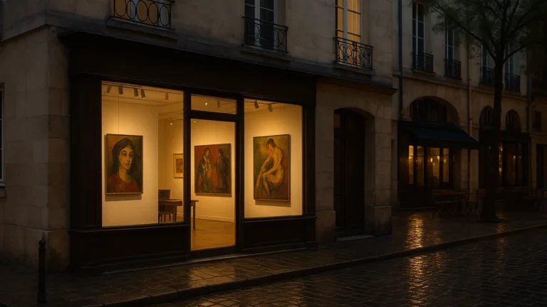 Galerie Marie Vitoux, 3 rue d’Ormesson (Paris 4e) — façade du Marais au crépuscule, pavés mouillés et salle éclairée exposant des toiles expressionnistes, ambiance réaliste et cinématographique.