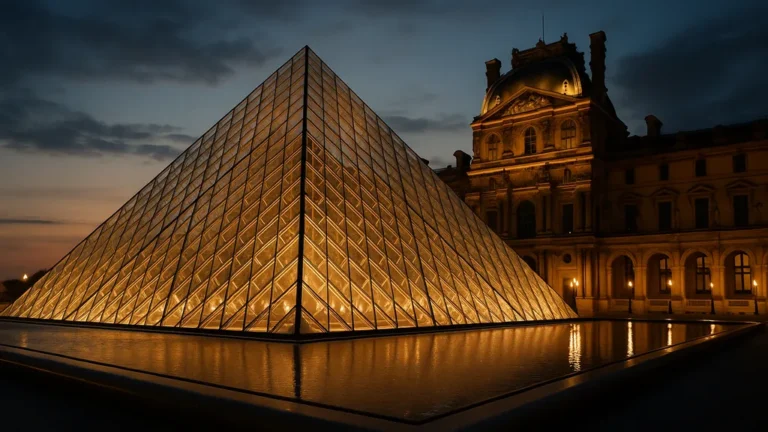 I. M. Pei — Pyramide du Louvre au crépuscule, verre et métal illuminés, reflet sur le bassin, composition géométrique 16:9 évoquant la signature de l’architecte.